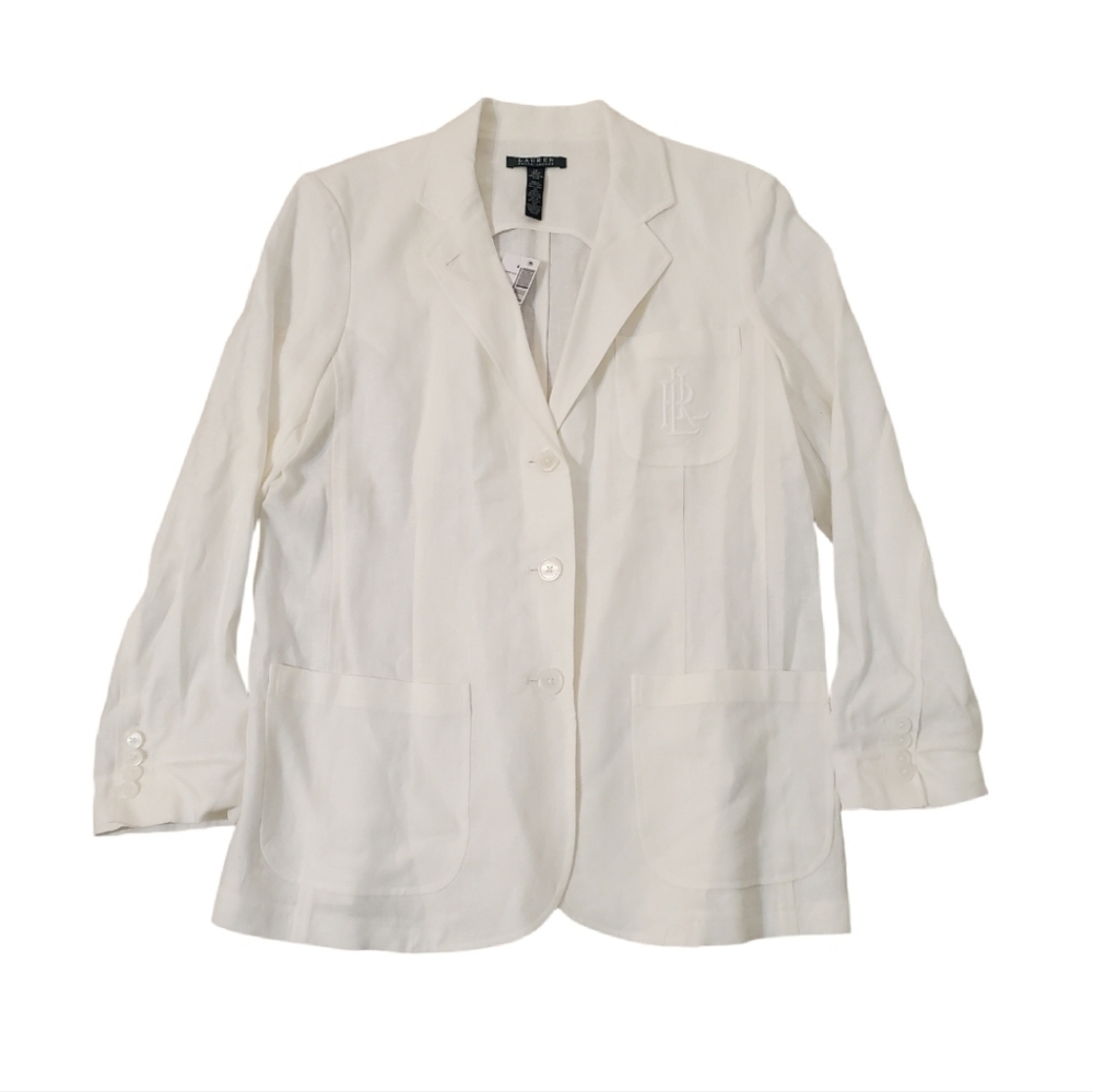Lauren Ralph Lauren Women's Bone White Linen Double Breasted Blazer Size 14